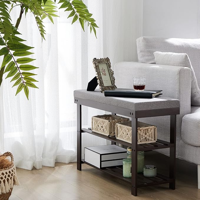 Apicizon 3-Tier Shoe Rack for Entryway, Bamboo Shoe Bench with Cushion Padded Seat, Small Shoe Organizer with Storage for Indoor Entrance Hallway Bedroom Living Room, Brown