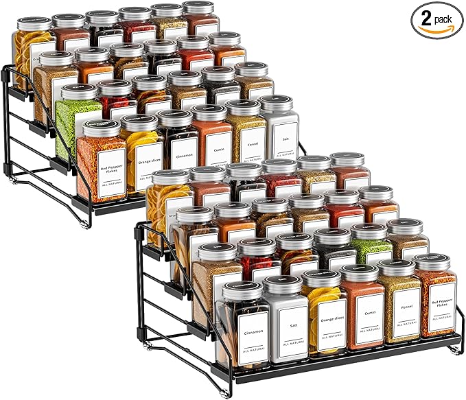 4 Tier Spice Rack Organzier, Spice Rack for Cabinet, Adjustable Depth Seasoning Shelf for Countertop, Pantry, Seasoning Organizer, Metal, Black (2 Pack)