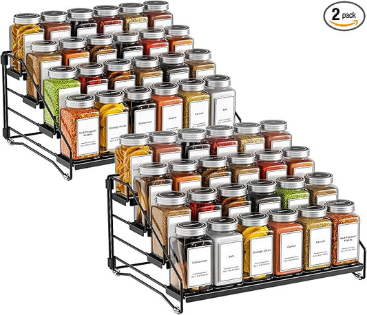 4 Tier Spice Rack Organzier, Spice Rack for Cabinet, Adjustable Depth Seasoning Shelf for Countertop, Pantry, Seasoning Organizer, Metal, Black (2 Pack)