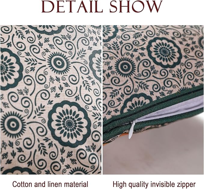 patdrea Designer Throw Pillow Covers,Square Green Vintage Rustic Linen with Abstract Geometric Floral Pattern Pillow Cover,Decorative Pillowcases Cushion for Bed Living Room