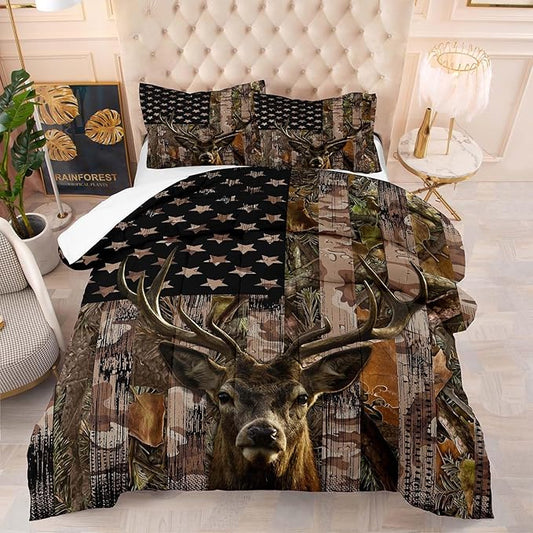 Tailor Shop Deer Comforter Sets Twin Size for Boys Kids Teens,American Flag Camo Bedding Sets Hunting Comforter Sets Woodland Moose Wildlife Forest Bed Set, with 1 Comforter 1 Pillowcase……