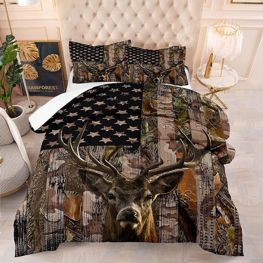 Tailor Shop Deer Comforter Sets Full Size for Boys Kids Teens,American Flag Camo Bedding Sets Hunting Comforter Sets Woodland Moose Wildlife Forest Bed Set, with 1 Comforter 2 Pillowcase…
