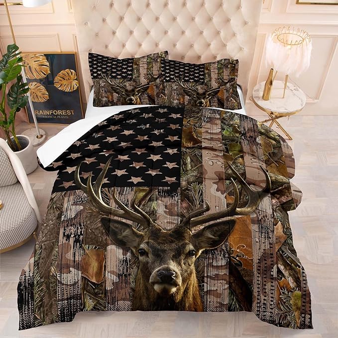Tailor Shop Deer Comforter Sets King Size,American Flag Camo Bedding Sets for Boys Kids Teens Hunting Comforter Sets Woodland Moose Wildlife Forest Bed Set, with 1 Comforter 2 Pillowcase……