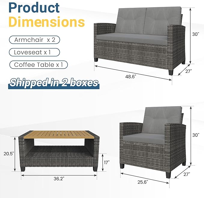 Wisteria Lane 4 Piece Patio Furniture Set, Wicker Outdoor Patio Conversation Furniture Set, All Weather Outdoor Patio Sofa with Cushion and Glass Table, Gray Wood