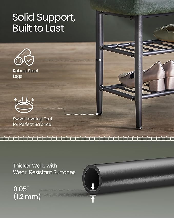 VASAGLE EKHO Collection - Shoe Rack Bench, Storage Bench for Entryway, Synthetic Leather with Stitching, Mid-Century Modern, Loads 300 lb, 11.8 x 31.5 x 19.7 Inches, Forest Green ULSB054C01