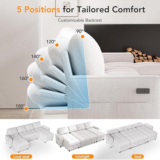 Vipbear Sleeper Sectional Sofa, 105" U Shaped Couch with Pull Out Bed, Convertible Chenille Cloud Sofa with Reclining Backrest | Double Storage Chaise | USB Ports | Tool-Free Assembly | Beige