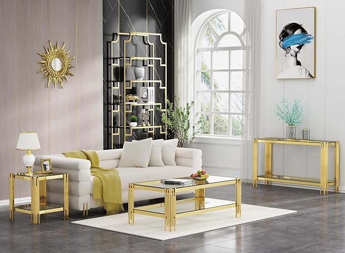 48" Rectangular Glass Coffee Table, Luxury 2-Tier Center Table with Storage & Gold Stainless Steel Frame, Modern Clear Glass Accent Coffee Cocktail Table for Living Room