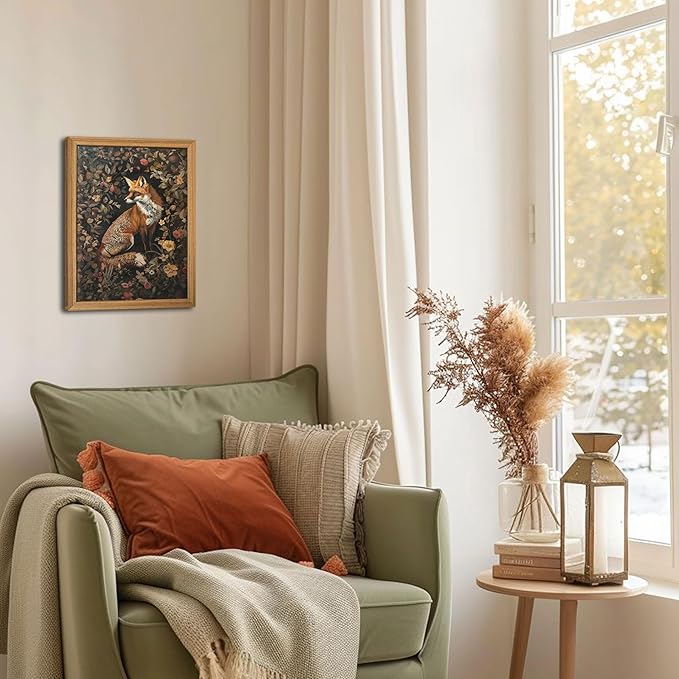 Framed 3D Textured Vintage Wall Art - Dark Academia Decor Hand Drawn Sandstone Fox Paintings with Botanical Florals, Aesthetic Wall Decor for Living Room Bedroom Home 8x10 inch