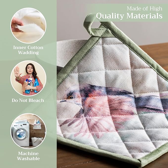 Maison d' Hermine Pot Holders Set 100% Cotton Heat Resistant Potholders 8" x 8" Hot Pads with Loop BBQ, Cooking, Baking, Grilling, Kitchen, Handling Hot Pans Spring/Summer (Pack of 2, Flying Birds)