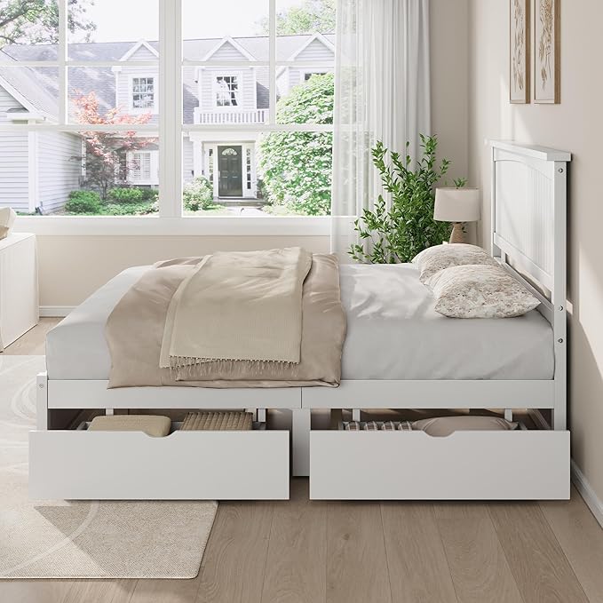 AMERLIFE Full Size Solid Wood Bed Frame with 50" Tall Headboard, Mid-Century Modern Bed with Storage Drawers, Wooden Platform Bed with 2 Drawers, No Box Spring Needed, White