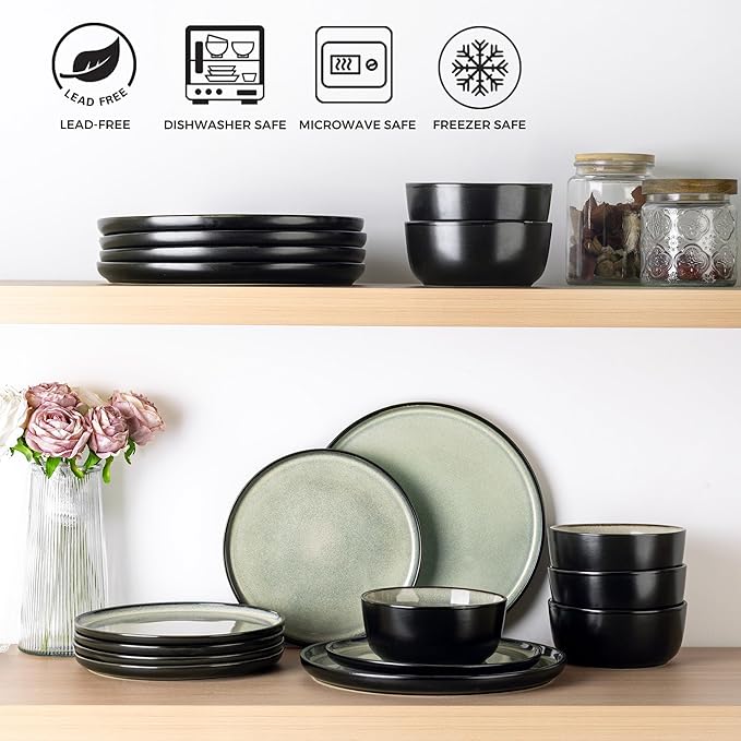 AmorArc Stoneware Dinnerware Sets,Round Reactive Glaze Plates and Bowls Set,Highly Chip and Crack Resistant | Dishwasher & Microwave Safe Dishes Set,Service for 4 (12pc)