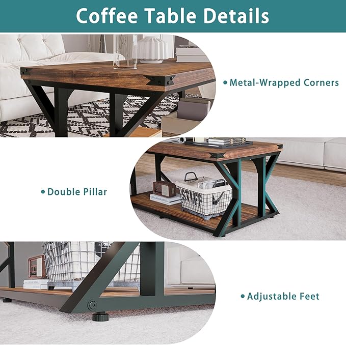 43” Industrial Coffee Table, 2-Tier Farmhouse Center Table with Storage Shelf, Angle Iron Top & Metal Frame, Living Room Cocktail Table, Rustic Brown