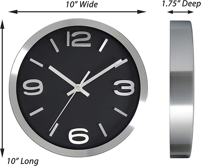 Bernhard Products Modern Wall Clock 10 Inch Black & Silver Silent Non Ticking Battery Operated Metal Round Elegant Quality Quartz, Kitchen Home Office Clock with 3D Numbers, Easy to Read