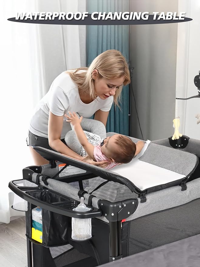 Baby Bassinet, Pack and Play with Bassinet, Bedside Sleeper with Diaper Changer, Mosquito Net, Music Box, Portable Crib with One-Click Installation, Playard for Newborn to Toddlers