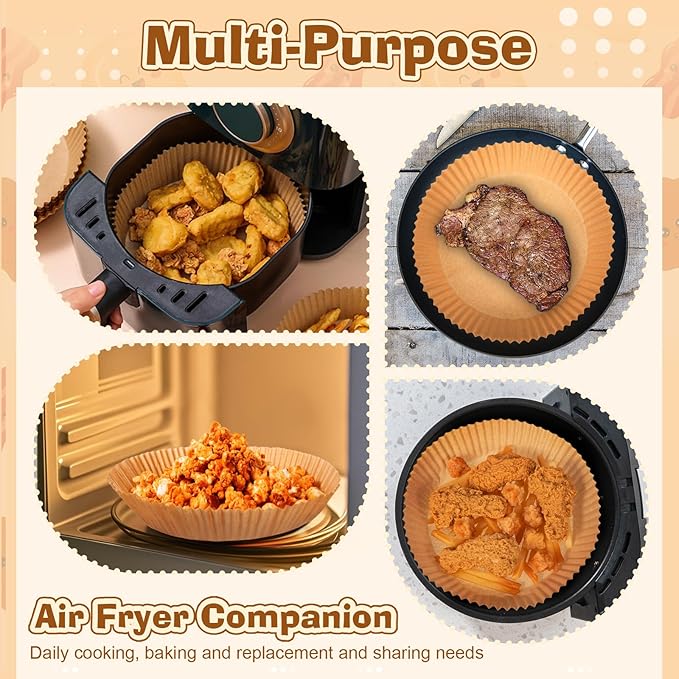 Honeydak 300 Pcs Air Fryer Disposable Paper Liner, Non-stick Air Fryer Liners, Round Parchment Paper for Cooking Baking Oil Proof Microwave Roasting Food Grade Easy Cleanup(8 Inch)