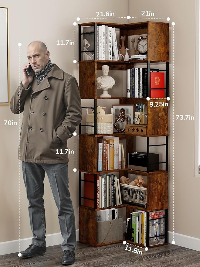 7 Tier Corner Bookshelf 74 Inches Tall Corner Bookcase Industrial L Shaped Book Shelf with Metal Frame Display Rack Storage Organize for Home Office,Living Room,Bed Room (Brown)