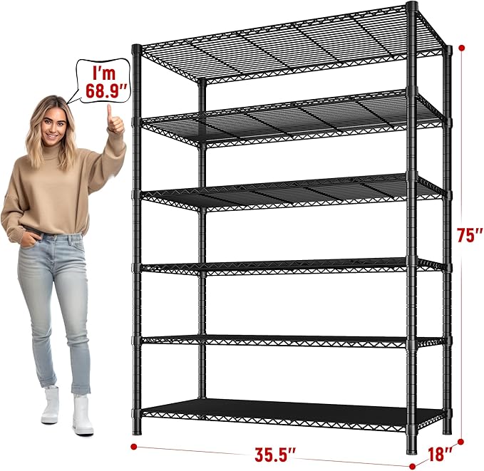 REIBII 6 Tier Wire Shelving,1800LBS Storage Shelves Metal Shelves for Storage Rack,75''H Adjustable Garage Shelving Heavy Duty Shelving Units Pantry Shelf Kitchen,75''HX35.5''WX18''D