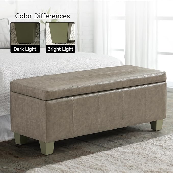 51" Faux Leather Storage Ottoman, Stitch Tufted Rectangle Upholstered End of Bed Storage Bench, Entryway Large Couch Ottoman with Wooden Legs,Grey