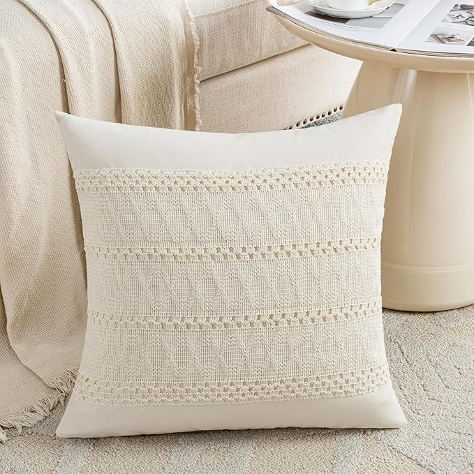 Fancy Homi Set of 2 Boho Cream Decorative Throw Pillow Cover 16x16 Inch for Couch Bed Sofa, Aesthetic Modern Organic Farmhouse Home Decor, Soft Cotton Cute Accent Macrame Woven Cushion Case