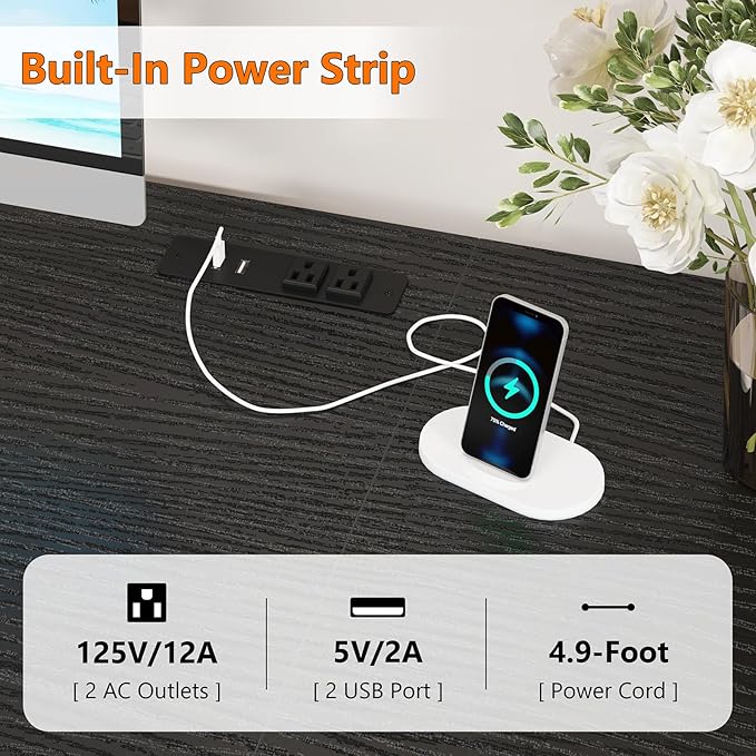 50 Inch Computer Desk with 8 Drawers, Home Office Desk with Power Outlets, Work Study Gaming Desk with 8 Fabric Drawers, Black