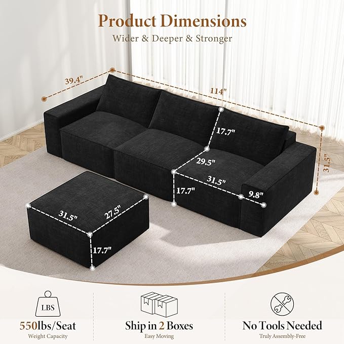 Vesgantti 114" Modular Sectional Boneless Couch, Modern 3 Seater Sofa with Ottoman & Deep Seat, Convertible Chenille L Shaped Cloud Couches for Living Room, No Assembly Required, Black