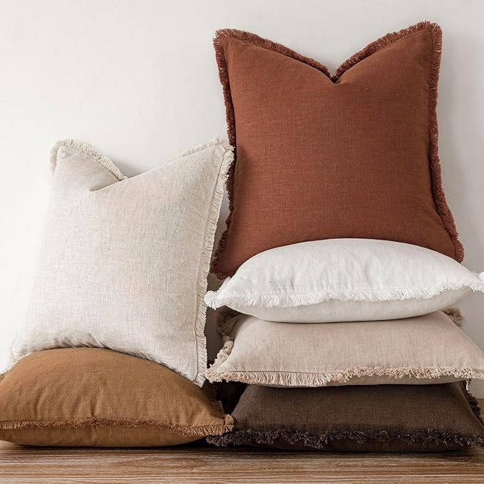 Foindtower Set of 2 Decorative Linen Fringe Throw Pillow Covers Boho Farmhouse Cushion Cover with Tassels Soft Accent Pillowcase for Couch Sofa Bed Living Room Home Decor,20×20 Inch,Orange Brown