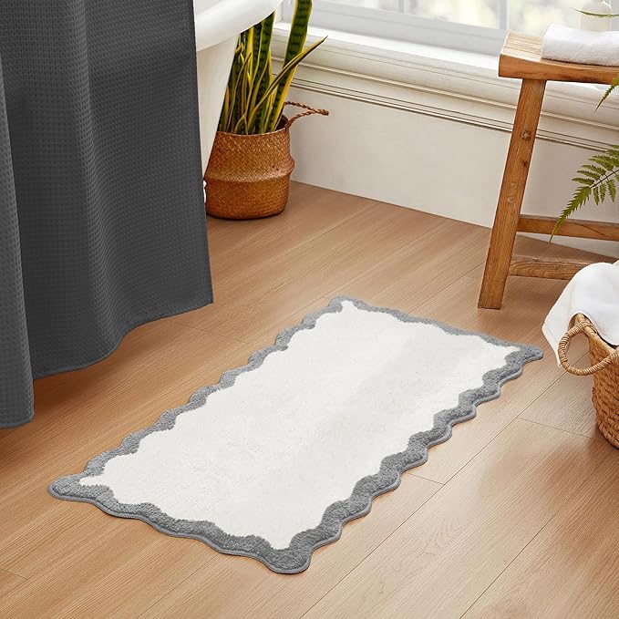 MONDAY MOOSE Bath Mat with Scalloped Wavy Ripple Design, Microfiber Absorbent Non Slip Tufted Rug for Floor, Shower or Kitchen (24x47 inch, Gray)