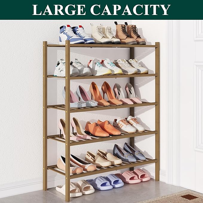 Smiry Bamboo Shoe Rack for Closet, 5 Tier Wooden Stackable Shoe Organizer, Free Standing Shoes Storage Shelf for Entryway, Front Door Entrance, Walnut