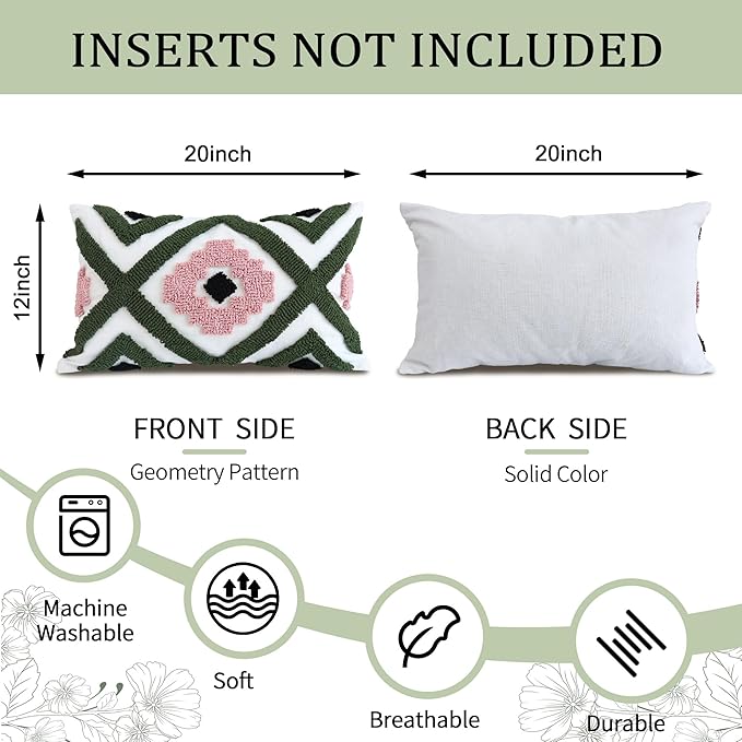 Boho Accent Lumbar Pillow Covers 12x20 - Tufted Abstract Modern Throw Pillow Covers, Farmhouse Decorative Pillowcase for Couch, Sofa, Bed, Living Room -Green Pink Black Geometric