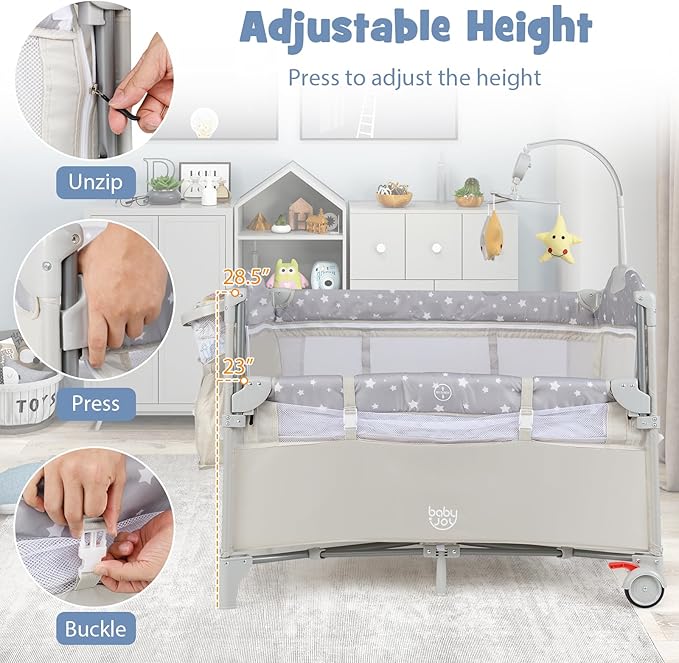 BABY JOY 5-in-1 Pack and Play, Portable Baby Bedside Sleeper with Bassinet, U-Shaped Diaper Changer, Safety Strap, Side Zipper Entrance, Hangings, Bedside Crib Playard from Newborn to Toddlers (Beige)