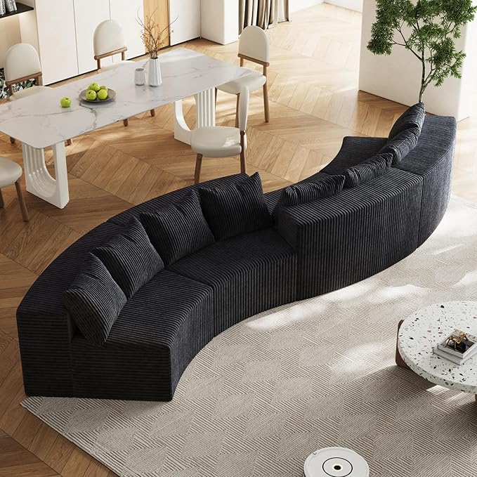 KEIKI 4 Seat Corduroy Curved Sectional Sofa, Symmetrical Modular Semi Circular Couch, Deep Seat Tufted Corner Sofa for Living Room, Lobby, Black