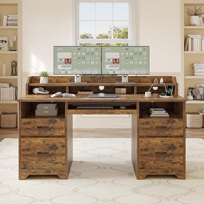 Bestier Farmhouse 59" Executive Desk with Drawers, Wood Computer Desk with Charging Station, Home Office Desk with Keyboard Tray & Monitor Stand, Sturdy Pedestal Desk for Work Study, Rustic Brown