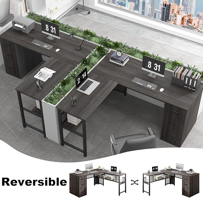 LVB L Shaped Desk, Wood Metal Computer Desk with Drawer, Industrial Corner Home Office Desk with Storage Cabinet for Bedroom, Dark Gray Oak, 59 Inch