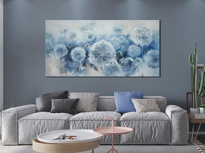 Arjun Flower Wall Art Indigo Blue Dandelion Floral Canvas Painting Watercolor White Textured Modern Artwork Large Framed for Living Room Bedroom Dinning Room Bathroom Home Office Wall Decor, 48"x24"