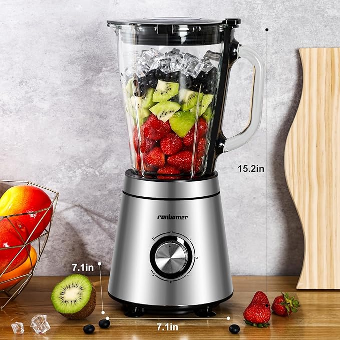 Blender,Blenders for Kitchen,Glass Blender for Shakes and Smoothies,crush ice,51 oz Glass Jar,Simple Speed Dial,6 Stainless Steel Blades, Ice Crusher with Speed Control, Silver.