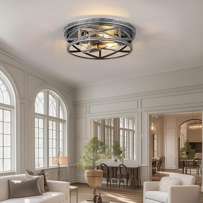 3-Light Cage Ceiling Light Fixtures, Farmhouse Close to Ceiling Lights, 13 Inch Black and Silver Metal Flush Mount Ceiling Lights for Bedroom, Living Room, Porch Kitchen Entrance