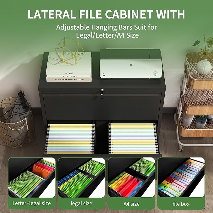 Lateral File Cabinet with Lock,2 Drawer Metal Filing Cabinets, Home Office Storage Cabinet for Hanging Files Letter/Legal/F4/A4 (Black)