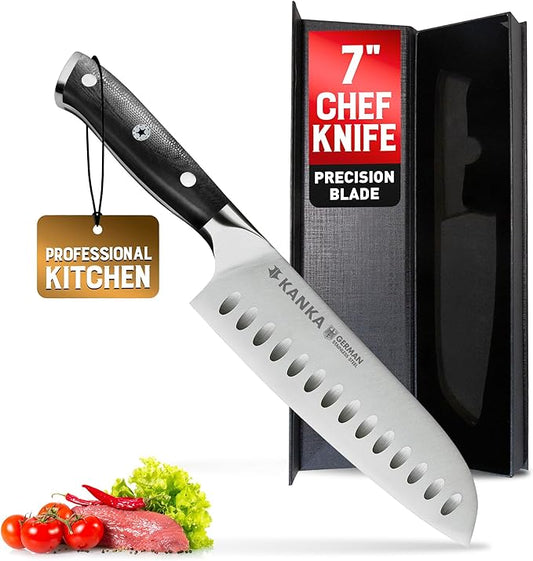 KANKA Santoku Knife - Ultra Sharp 7 inch German Stainless Steel, G10 Black Fiberglass Handle, Japanese Chefs Knife