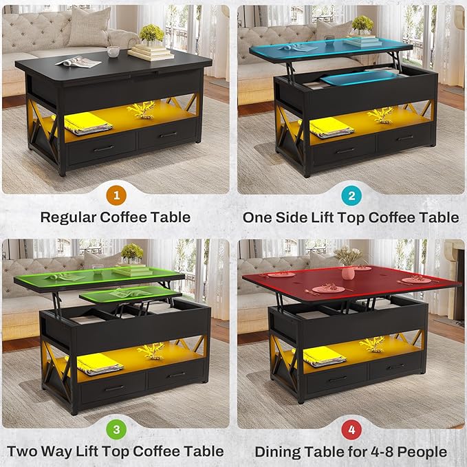 Itaar 40" Lift Top Coffee Table, 4 in 1 Coffee Tables with Storage for Living Room, Small Farmhouse Coffee Table with 2 Drawers & LED Light for Dining Reception Room, Black