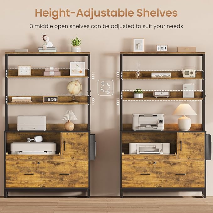 SEDETA File Cabinet with Lock and Sliding Open Storage Shelf, Filing Cabinet Fits Legal/Letter/A4 Size, File Cabinets for Home Office with Adjustable Storage Shelf and Hook, Rustic Brown