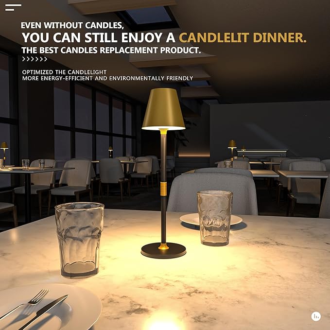 LED CordlessTable Lamp,4000mAh Rechargeable Battery Desk lamp,3 Level Brightness Beside Night Light, Minimalist Design, for Couple Dinner/Coffee Table/Restaurant/Bedroom(Gold&Black 4PACK)