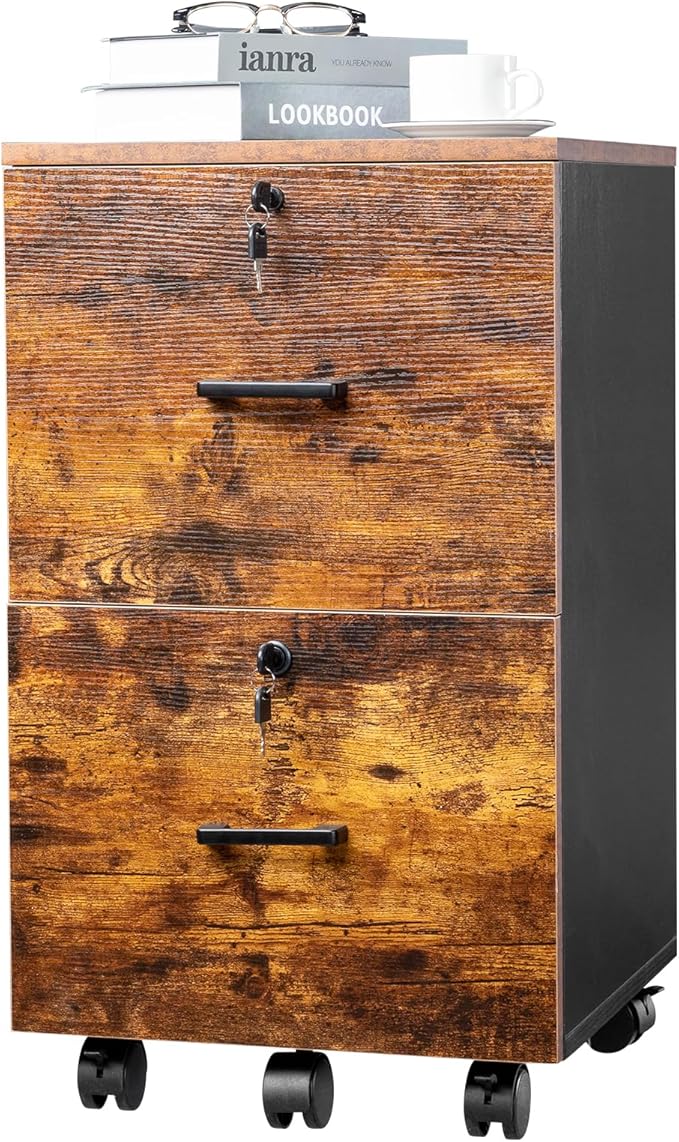 VINGLI 2-Drawer Small Rolling File Cabinet with Lock, Wood Filing Cabinet for Hanging Letter Size Filings with Tabs, Mobile Under Desk File Cabinets for Home Office, Rustic Brown & Black, 27.2" H