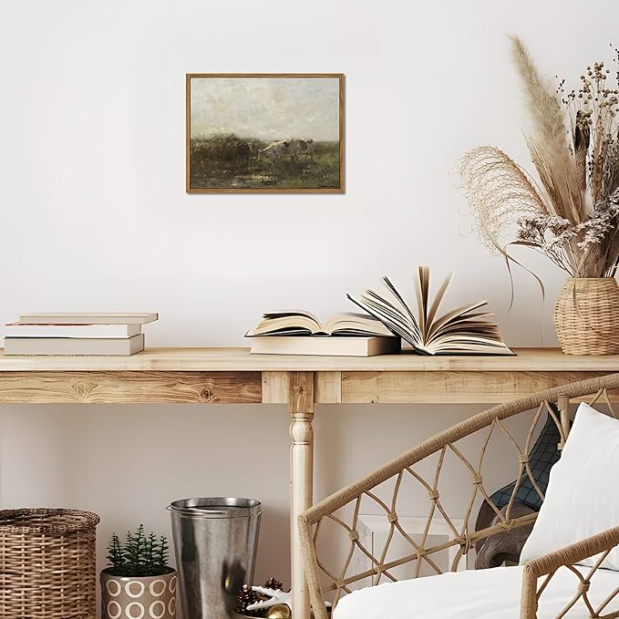Floating Framed Landscape Canvas Wall Art, French Vintage Natural Country Cows Pictures Wall Decor Artwork, Farmhouse Oil Paintings Prints for Living Room Bedroom Home Decoration 8x10 inch