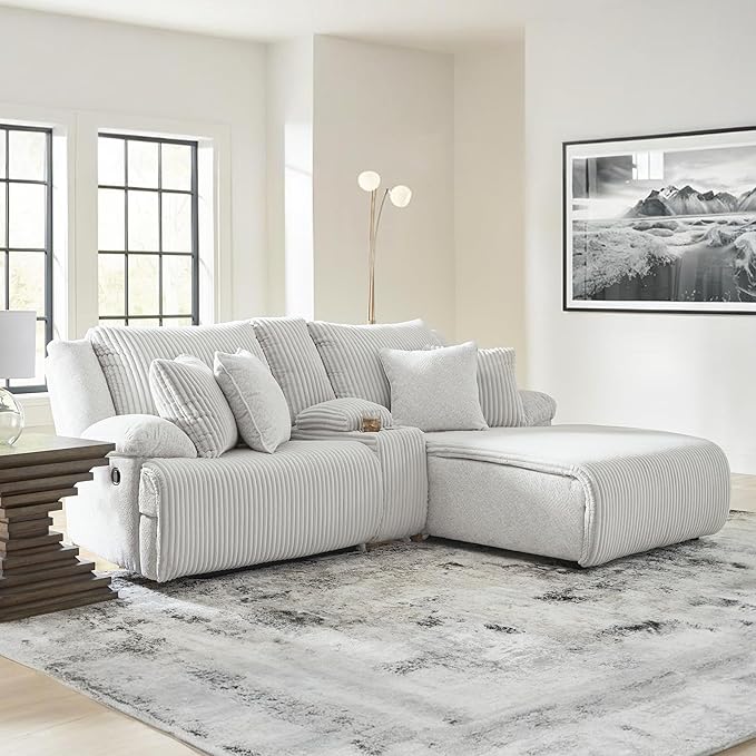 Signature Design by Ashley Top Tier Casual L-Shaped 3-Piece Reclining Sectional Sofa with Chaise, Console Storage and 4 Accent Pillows, White