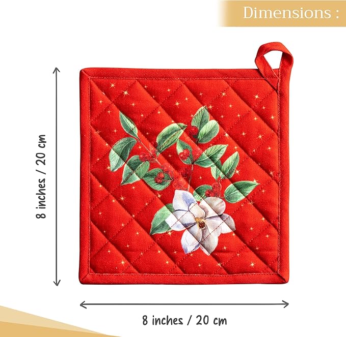 Maison d' Hermine Pot Holders Set 100% Cotton Heat Resistant Potholders 8" x 8" Hot Pads with Loop for Thanksgiving Christmas Decorations BBQ Cooking Baking Handling Hot Pans (Pack of 2, Noel)