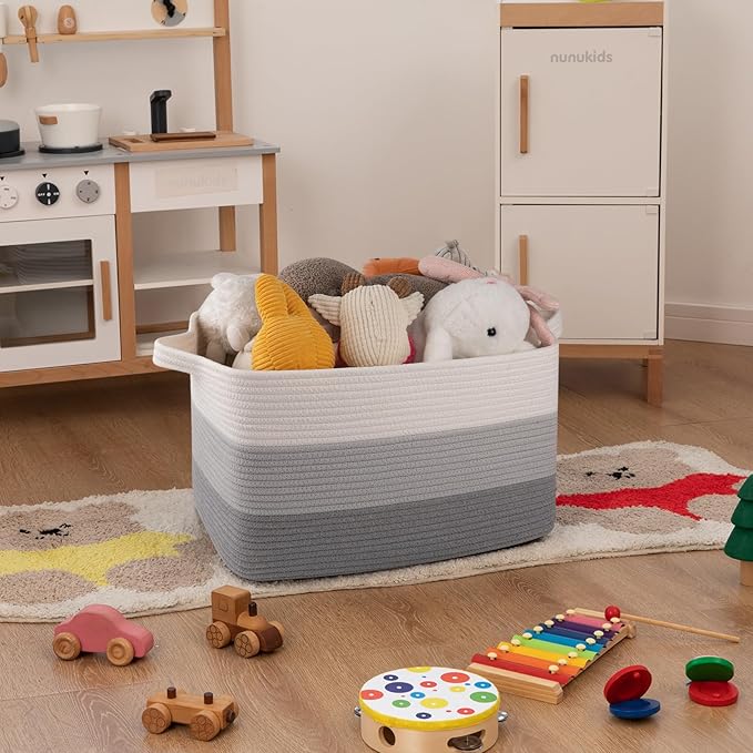 OIAHOMY Cotton Rope Basket, Rectangle Woven Baskets for Storage, Nursery Blanket Storage Living Room, Toy Basket With Handle-17.7”x13.8”x11”-Gradient Grey