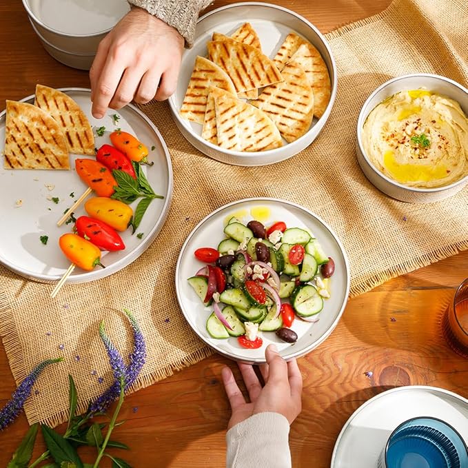 Bloomhouse - Oprah's Favorite Things - Santorini Mist Double Bowl Terracotta Reactive Glaze Plates and Bowls Dinnerware Set - Moonstone White, Service for Four (16pcs)