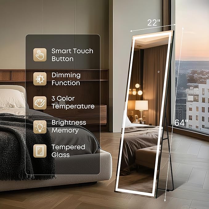 64" x 22" Full Length Tempered Glass LED Floor Mirror - Big Wall/Standing Mirror with Lights, Dimmable Touch Screen & Adjustable Color (White/Warm Light), Full Body Mirror for Bedroom, Dressing Room