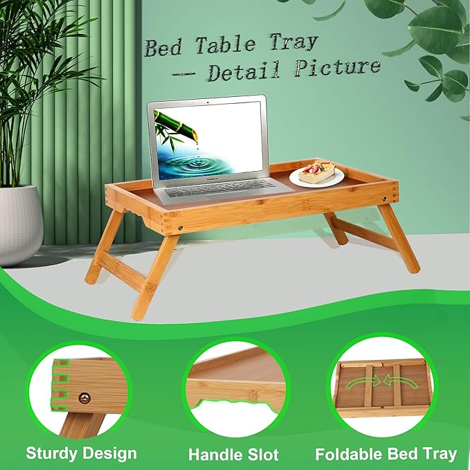 Bamboo Bed Tray Table with Foldable Legs, Breakfast in Bed Tray for Kitchen Serving Tray, Eating, Working, Drawing Tray (2 Pack, Bamboo)