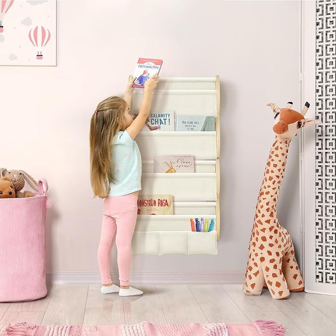 Wooden Wall Mounted Bookshelf for Kids Rooms, 4 Tier Floating Nursery Book Shelf, Kids Bookshelf with 2 Pockets, Toddler Sling Book Rack with Deep Sleeves (Beige)